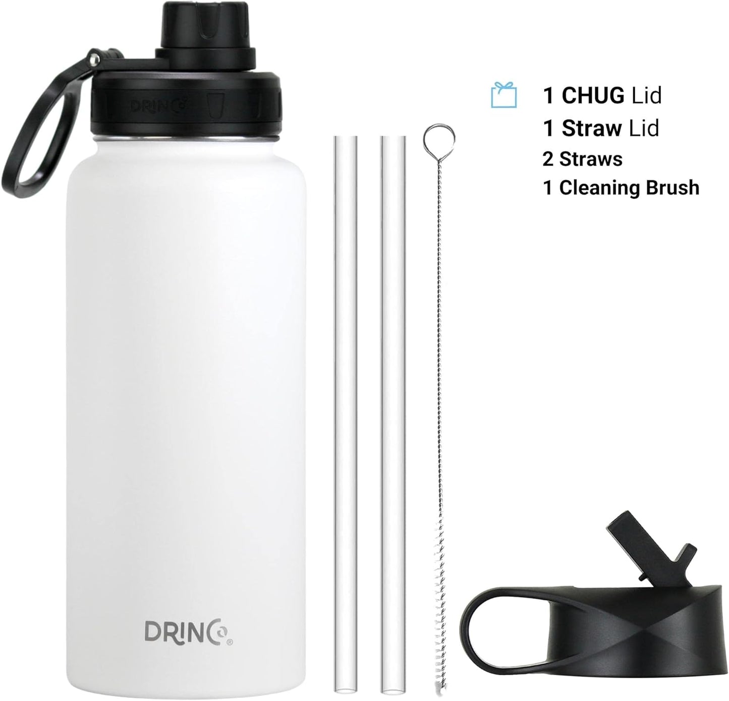Drinco Stainless Steel Water Bottle Spout Lid Vacuum Insulated Double Wall Water Bottle Wide Mouth (40oz 32oz 22oz 18oz 14oz) Leak Proof Keep Cold Sport Camping Hiking (22 oz, 22oz Black)