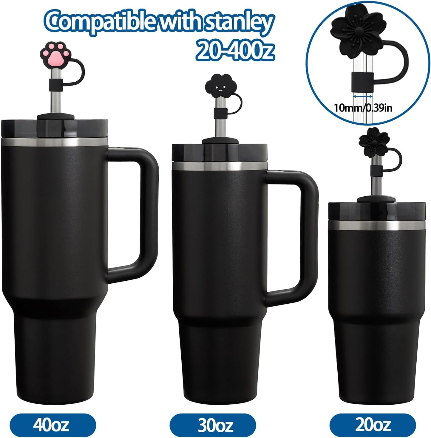 6PCS Silicone Straw Covers Cap Compatible with Stanley Cup 30-40 oz Tumbler with Handle 10mm Straw Toppers，Dust-Proof Reusable Straw Cover for Stanley Cup Accessories (Black)