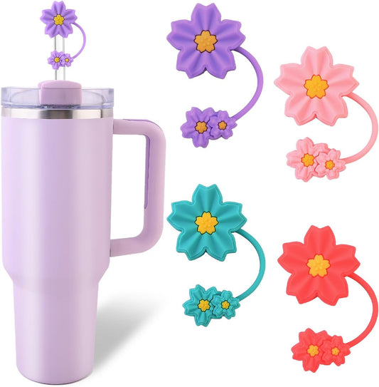 4 Pcs Cherry Blossom Straw Topper for Stanley Cup Accessories,Silicone straw topper for Stanley 30&40 Oz Tumbler,Reusable Flower straw cover fits perfectly with all types of 10mm/0.4in
