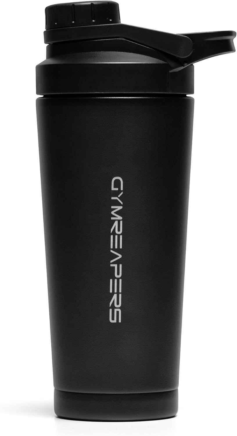 Gymreapers Stainless Steel Protein Shaker Bottle - Double Wall Insulated, Leak Proof, BPA-Free Metal Vacuum Blender Cup For Gym, Sports, Pre & Post-Workout Cold Hydration - 26 OZ (Black)