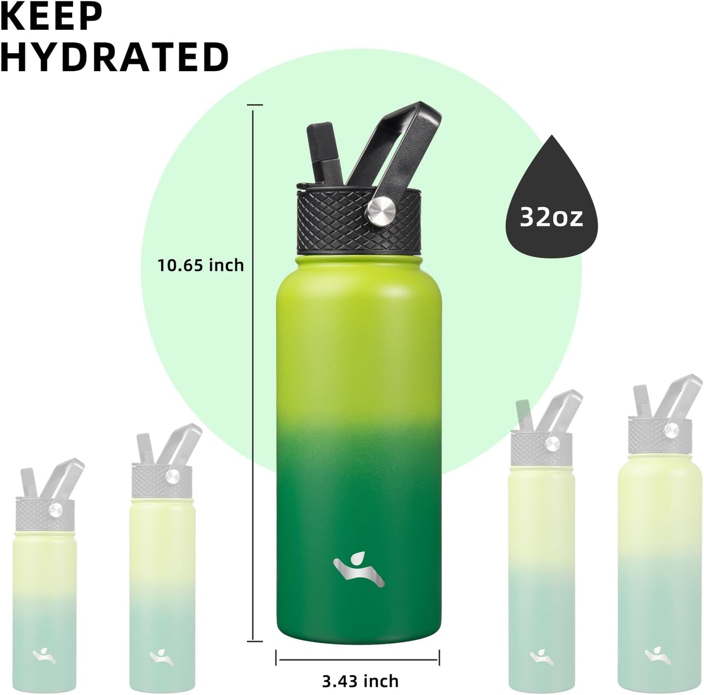 Konokyo 22oz Stainless Steel Bottles with 3 Lids Sport Insulated Water Bottle,Mint