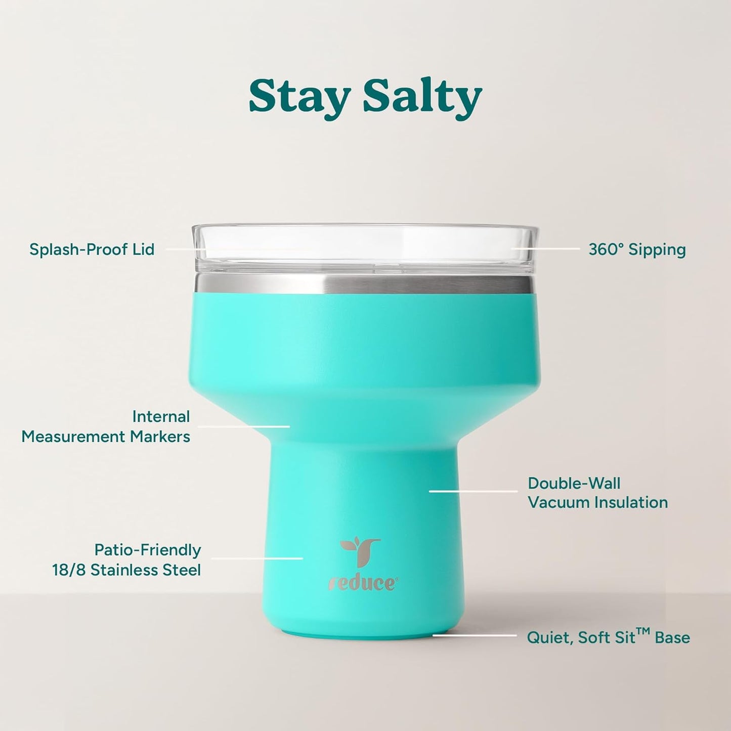 REDUCE Saltini 16 oz Cocktail Tumbler - Insulated Margarita Tumbler with Lid - Keeps Drinks Cold for 10 Hours - 360 Sippable Martini Glass Alternative - Shatterproof, Perfect for Parties - Cloud Blue