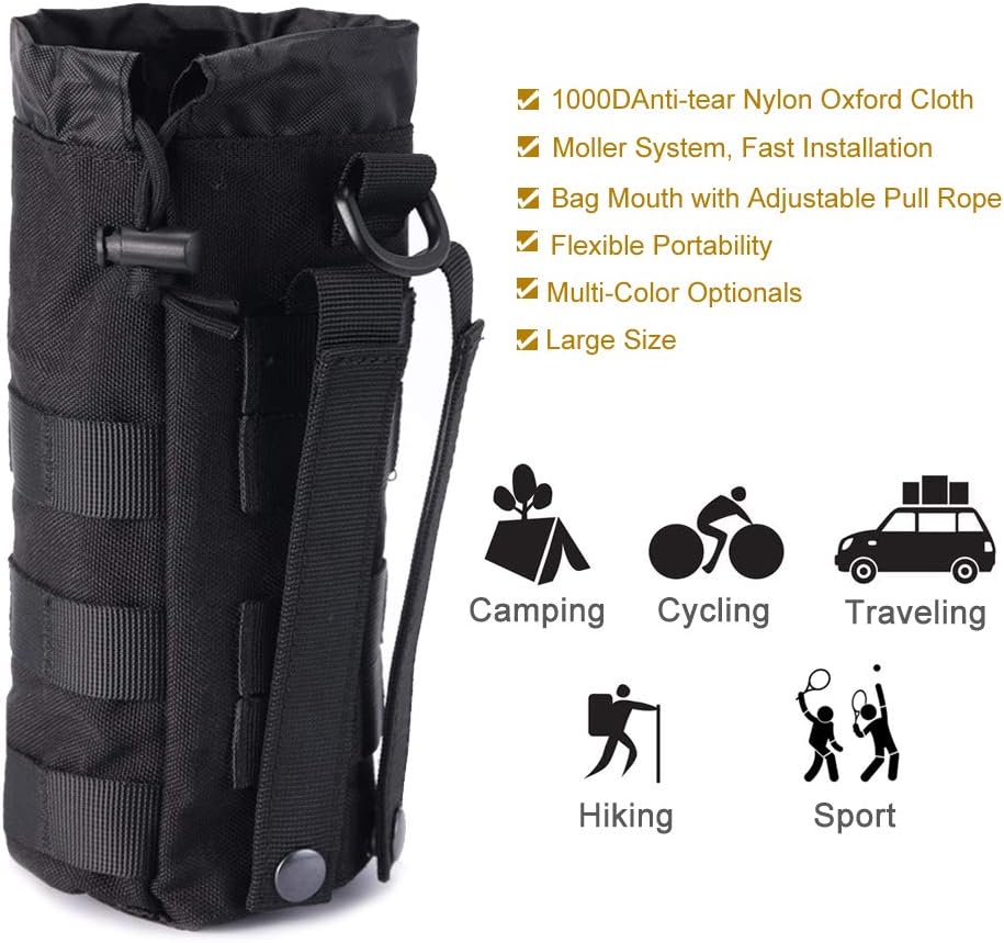 Upgraded Sports Water Bottles Pouch Bag, Tactical Drawstring Molle Water Bottle Holder Tactical Pouches, Travel Mesh Water Bottle Bag Tactical Hydration Carrier