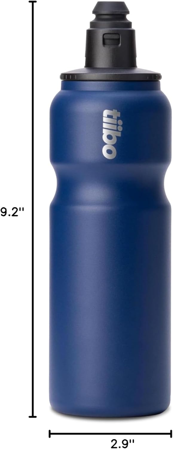 tiibo Vacuum Insulated Stainless Steel Bike Water Bottle, Double Wall, No-Squeeze, Fast Flow Sport Nozzle, Designed for Cycling, Biking, Fitness & Sports, Fits Most Bike Cages (Brushed, 23OZ)
