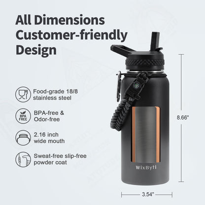 WixByti 40 oz Insulated Water Bottle with Straw (Cold for 36 Hrs), Stainless Steel Triple Wall Vacuum Sports Water Jug, Leakproof Hydro Cup Flask with Paracord Handle & Straw Spout Lids & DIY Stickers