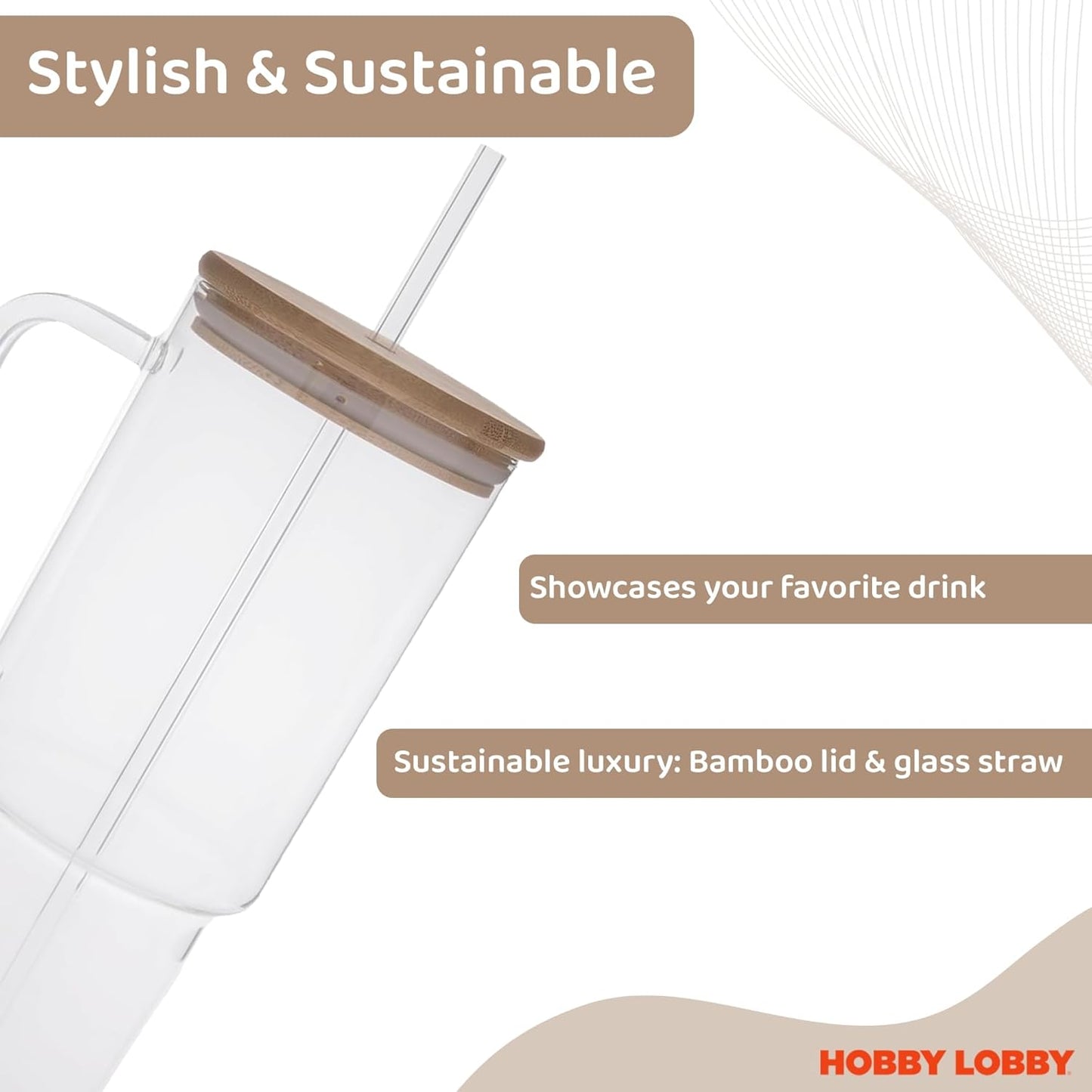 Hobby Lobby Jumbo Clear Glass Tumbler With Straw And Lid 40 Oz - With Handle, Bamboo Lid - for All-Day Hydration - Ideal Iced Coffee Tumbler Glass for Home, Office or Travel