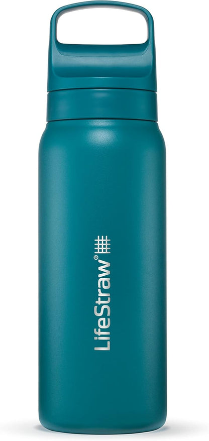 LifeStraw Go Series — Insulated Stainless Steel Water Filter Bottle for Travel and Everyday Use Removes Bacteria, Parasites and Microplastics, Improves Taste, 1L Aegan Sea