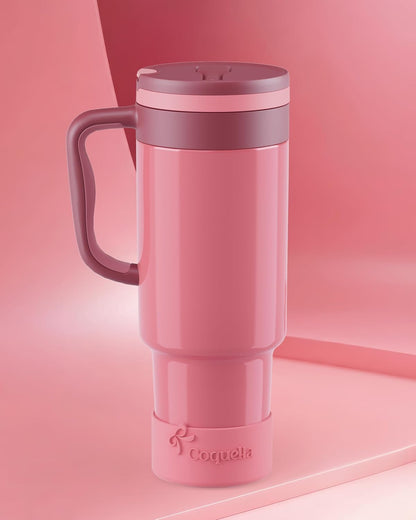 40 oz Insulated Tumbler with Handle and Push-Button Straw Lid, Stainless Steel Travel Cup for Gym Office, Leakproof, BPA-Free, Cup Holder Friendly, Bow Silicone Boot, Purple (Light Lilac)