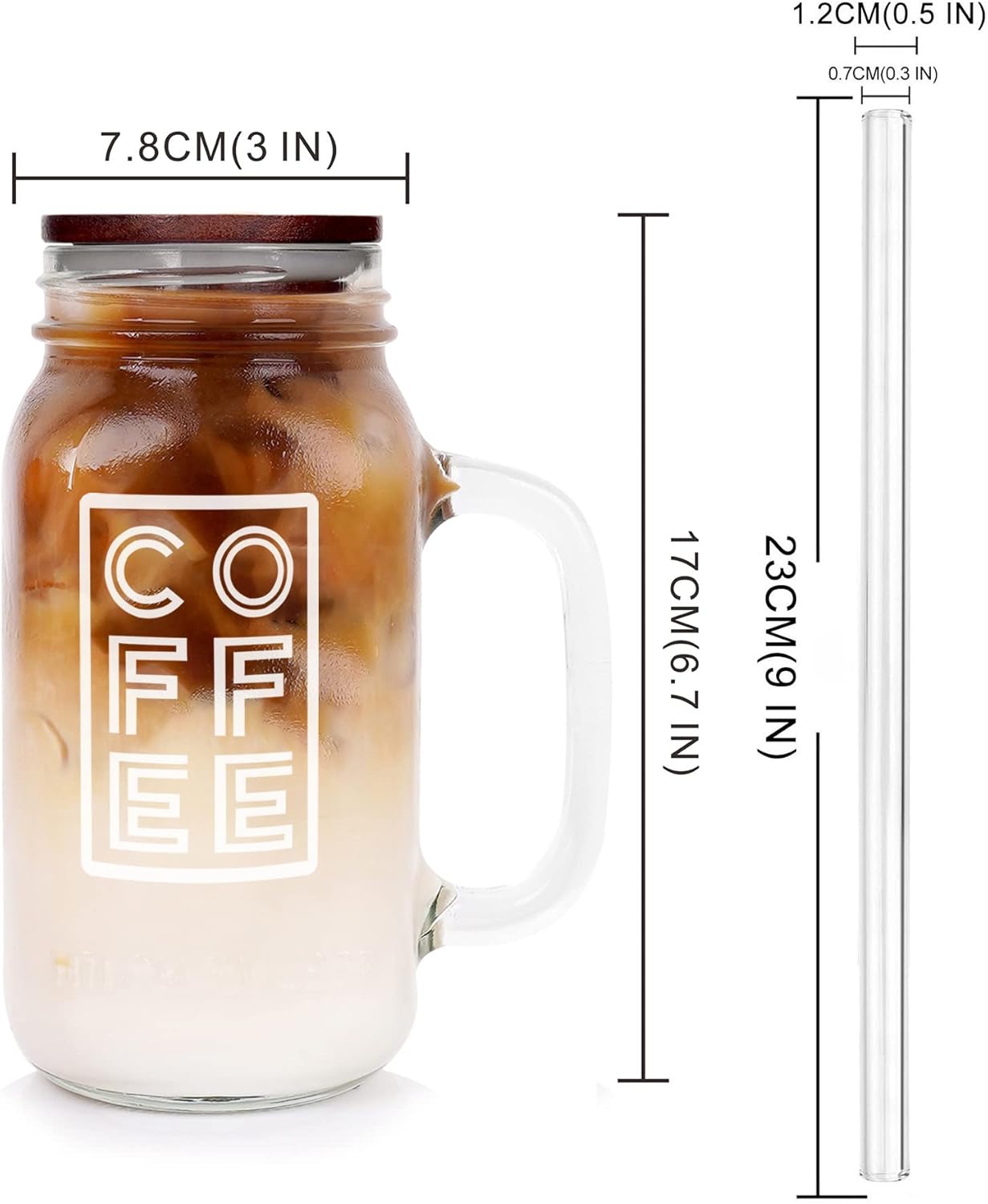 ANOTION Mason Jar Iced Coffee Cup with Lid and Straw, 24oz Regular Mouth Mason Jars with Handle Glass Coffee Drinking Glasses Tumbler Reusable Cups Bottles for Iced Coffee Cups for Travel Office Home