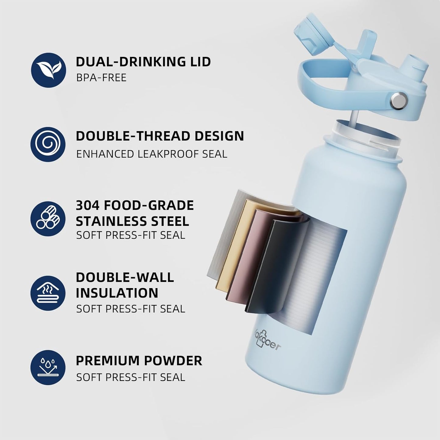 26oz Insulated Water Bottle with 2-in-1 Straw and Spout Lid, 304 Stainless Steel Water Bottle Keep Cold for 24H,Leak-Proof,Sports Water Bottle with Braided Carry Strap for Gym,Travel,Outdoors,Black