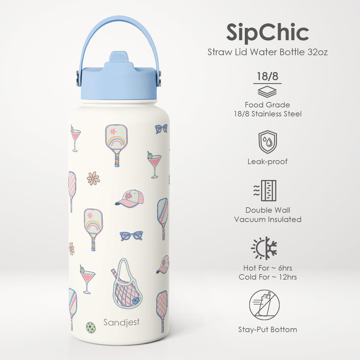 SANDJEST Pickleball Gift for Women, Water Bottle Stainless Steel 32oz with Lid & Straw, Sport Insulated Bottles Gifts for Girls Friends Teens Birthday Christmas