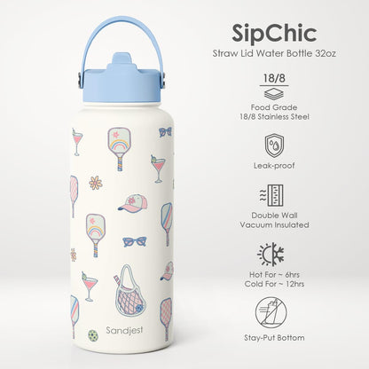SANDJEST Pickleball Gift for Women, Water Bottle Stainless Steel 32oz with Lid & Straw, Sport Insulated Bottles Gifts for Girls Friends Teens Birthday Christmas