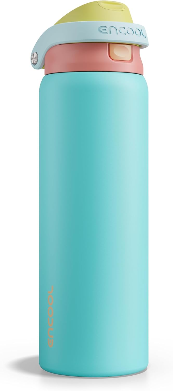 ENCOOL Leakproof Insulated Water Bottle with Straw Dual-Sip Water Bottle Bag-Safe Design for Work, Commute & Gym – Keeps Drinks Cold All Day, 24 oz, Lemonade Pink - Colors A