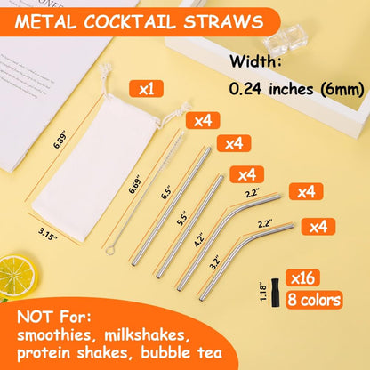 Lazycorner 16 Pcs Metal Straw Reusable 8.5" 10.5" 6mm Stainless Steel Straws for Tumblers 20oz-32oz, Rainbow Drinking Straws with Silicone Tips, 4 Straw Cleaner Brush, 1 Travel Case