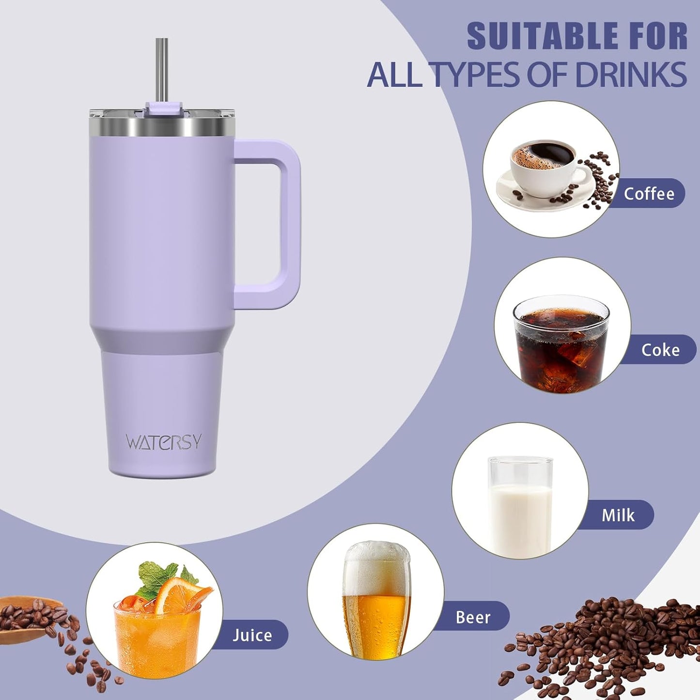 40 oz Tumbler with Handle,Tumbler with Lid and Straw,Double Wall Insulated Cup Stainless Steel Travel Mug(Cold for 34 Hours),Water Bottle for Iced Tea,Coffee,Cold Beverages(Purple)