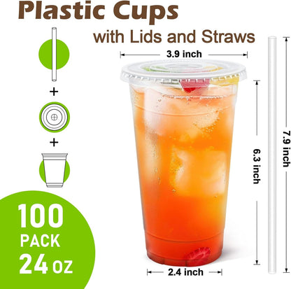 Clawsoff 100 Pack 20 oz Disposable Clear Plastic Cups with Lids and Straws, Leak-Proof Sturdy Cold Drink Cups for Iced Coffee, Smoothies, Juice, Parties & Business