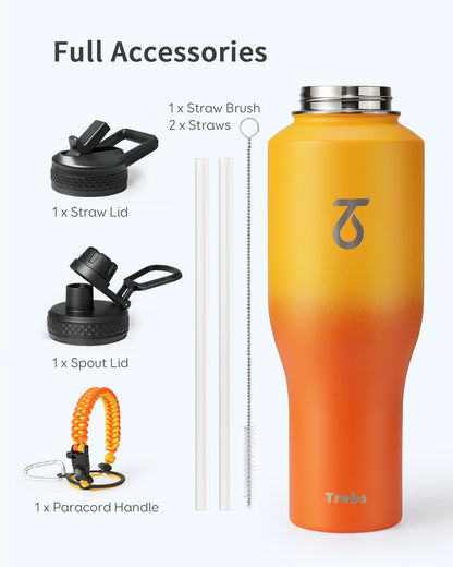 Trebo 40 oz Water Bottle Insulated Fit Car Cup Holder with Handle, Stainless Steel Water Bottles Tumbler with Spout Straw Lids, Double Wall Travel Reusable Flask, Leakproof Mug,Keep Cold &Hot,Black