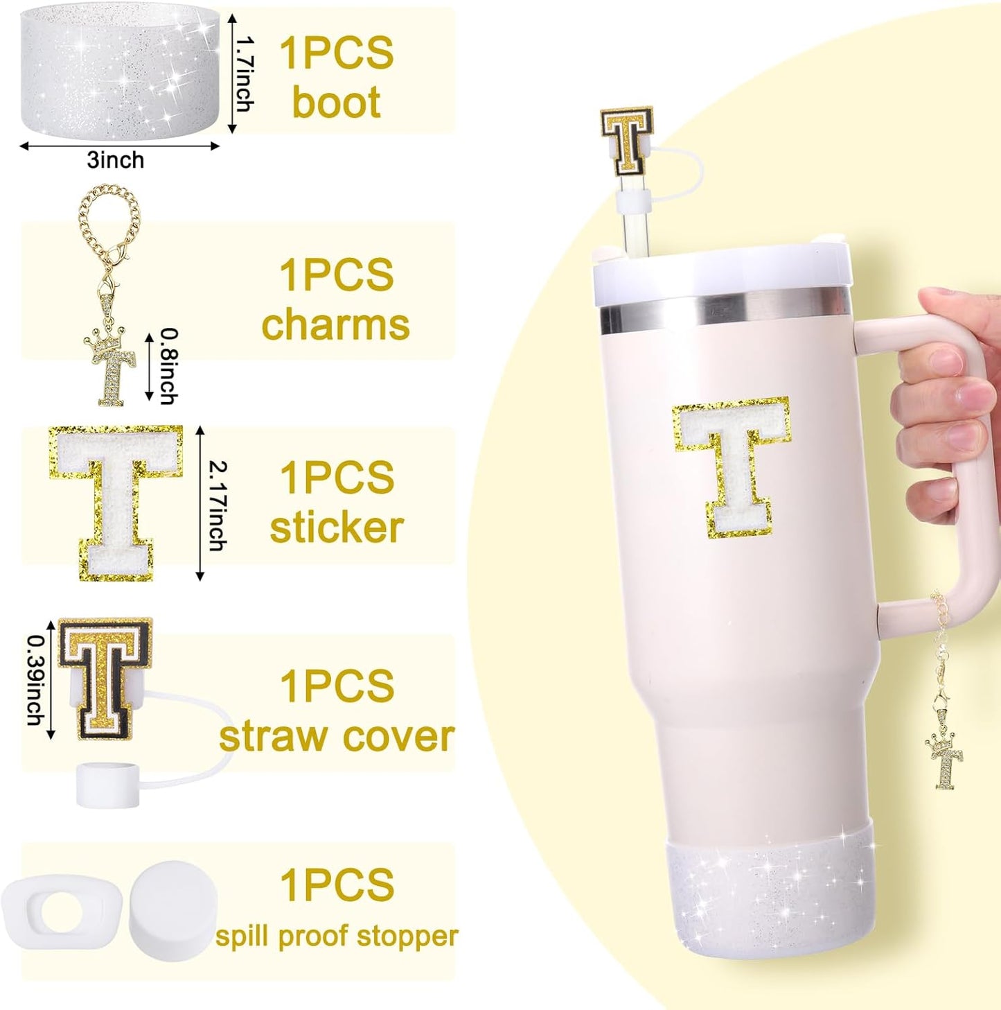 Mity Rain 6pc Cup Accessories Set for Stanley 30 oz & 40 oz Tumbler with Handle, Including Straw Cover Cap, Cup Initials Charm, Silicone Boot, Round & Square Spill Proof Stopper