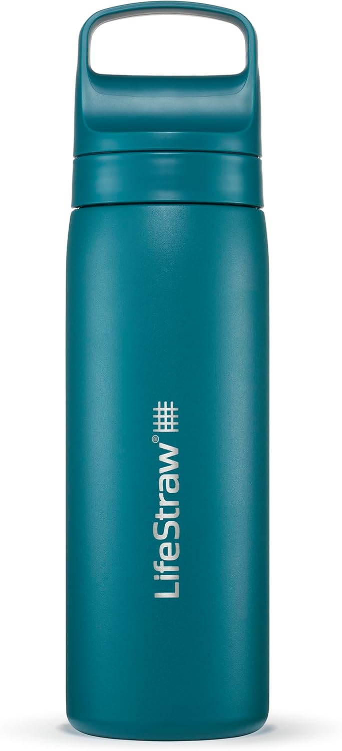 LifeStraw Go Series — Insulated Stainless Steel Water Filter Bottle for Travel and Everyday Use Removes Bacteria, Parasites and Microplastics, Improves Taste, 1L Aegan Sea
