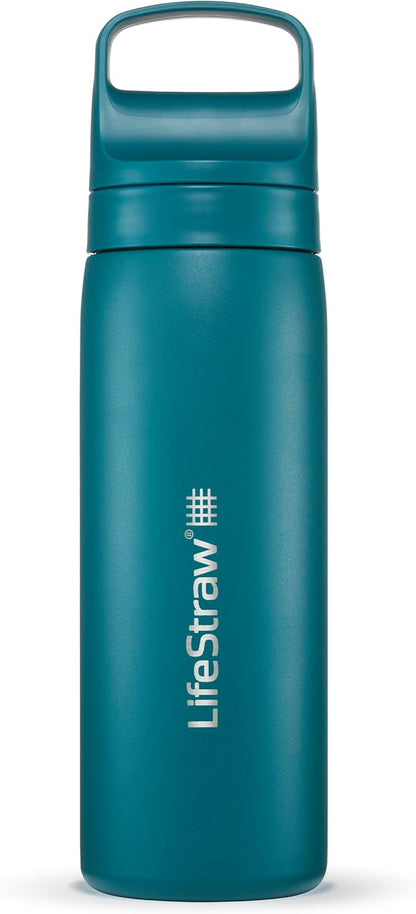 LifeStraw Go Series — Insulated Stainless Steel Water Filter Bottle for Travel and Everyday Use Removes Bacteria, Parasites and Microplastics, Improves Taste, 1L Aegan Sea