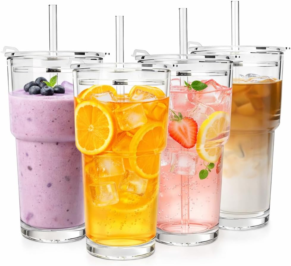 Clear Iced Coffee Cups with Lids - 4 Pack, 20oz Reusable Glass Cups with Lids and Straws, Drinking Tumblers for Cocktail Beer, Juice, Smoothie, Coffee Bar, Housewarming Gifts - Dishwasher Safe