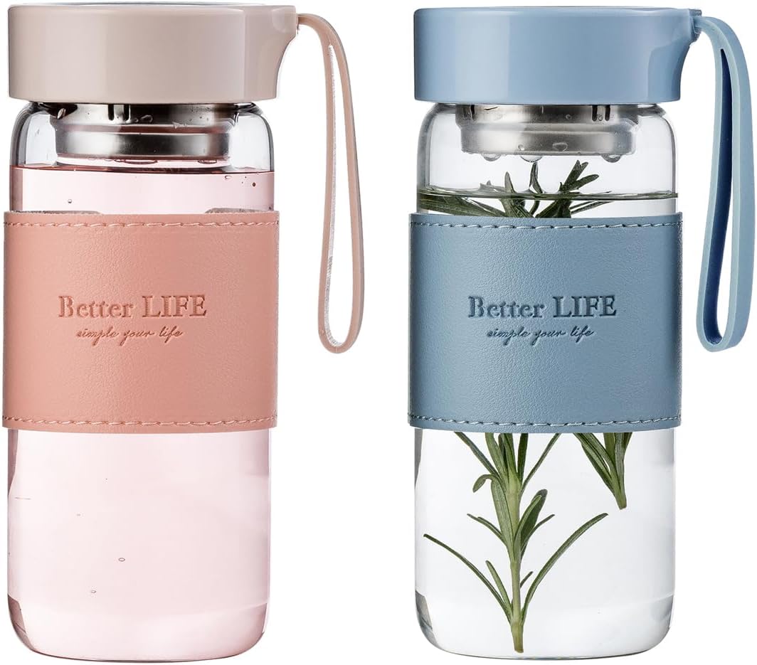 Glass Tea Bottle 16 oz Drinking Bottle with Non-Slip Holster, and Stainless Tea Infuser,Leak Proof Lid,Portable Glass Water Bottle for School, Office, Car & Home,as a gift, etc (Pink)