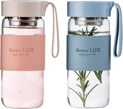 Glass Tea Bottle 16 oz Drinking Bottle with Non-Slip Holster, and Stainless Tea Infuser,Leak Proof Lid,Portable Glass Water Bottle for School, Office, Car & Home,as a gift, etc (Pink)