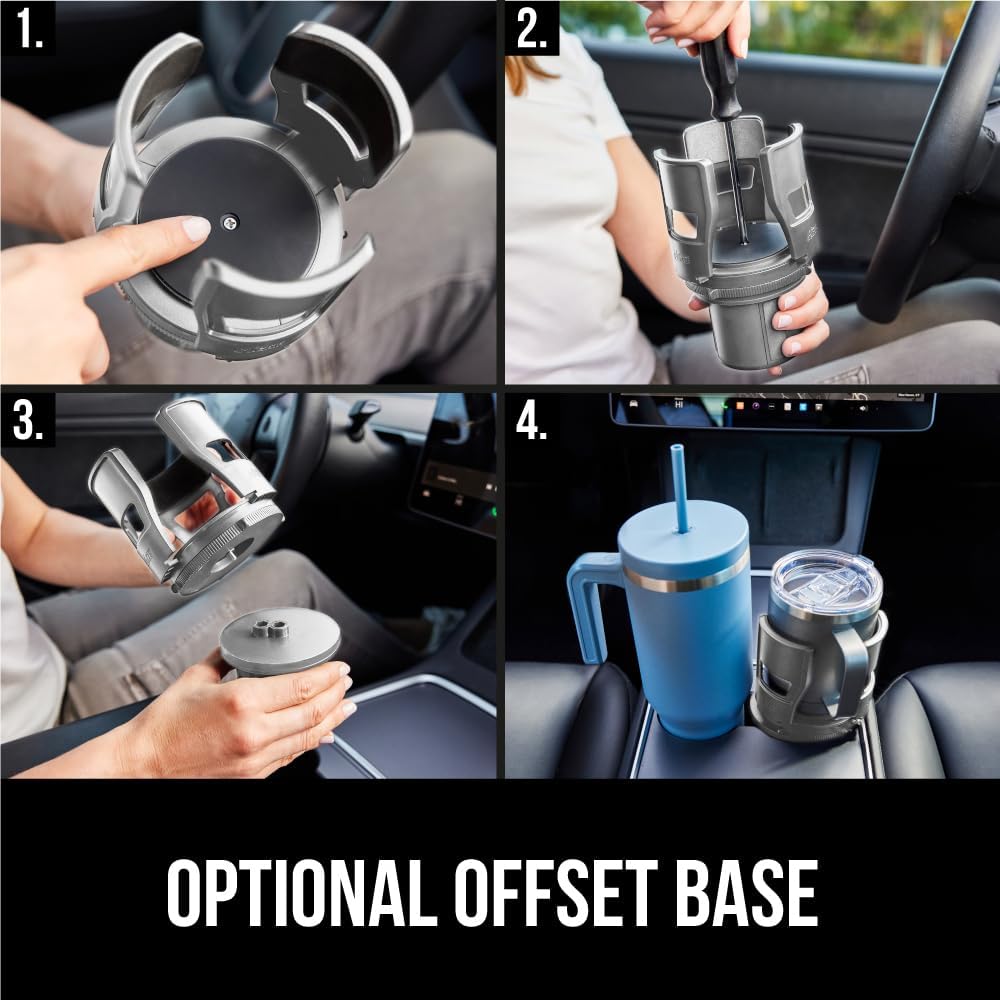 GORILLA GRIP Patent Pending Adjustable Car Cup Holder Expander, Keeps Water Bottle Secure, Expands to Fit 18 to 48 oz Large Bottles, Yeti, Owala, Stanley with Handle, Coffee Mug Insert for Cars, Black