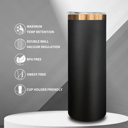20 oz Skinny Tumblers Bulk, Stainless Steel Insulated Tumbler with Lids and Straws, Slim Double Wall Powder Coated Travel Coffee Mugs Reusable Cup for Hot Cold Drinks (Black,1 pack)