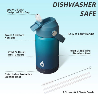 BJPKPK Insulated Water Bottle with Straw Lid, 18oz Thermo Water Bottles with Soft Nozzle, Flex Handle & Non-slip Boot, BPA Free Leak Proof Stainless Steel Metal Thermo, Tumblers, Cups,Sea Salt