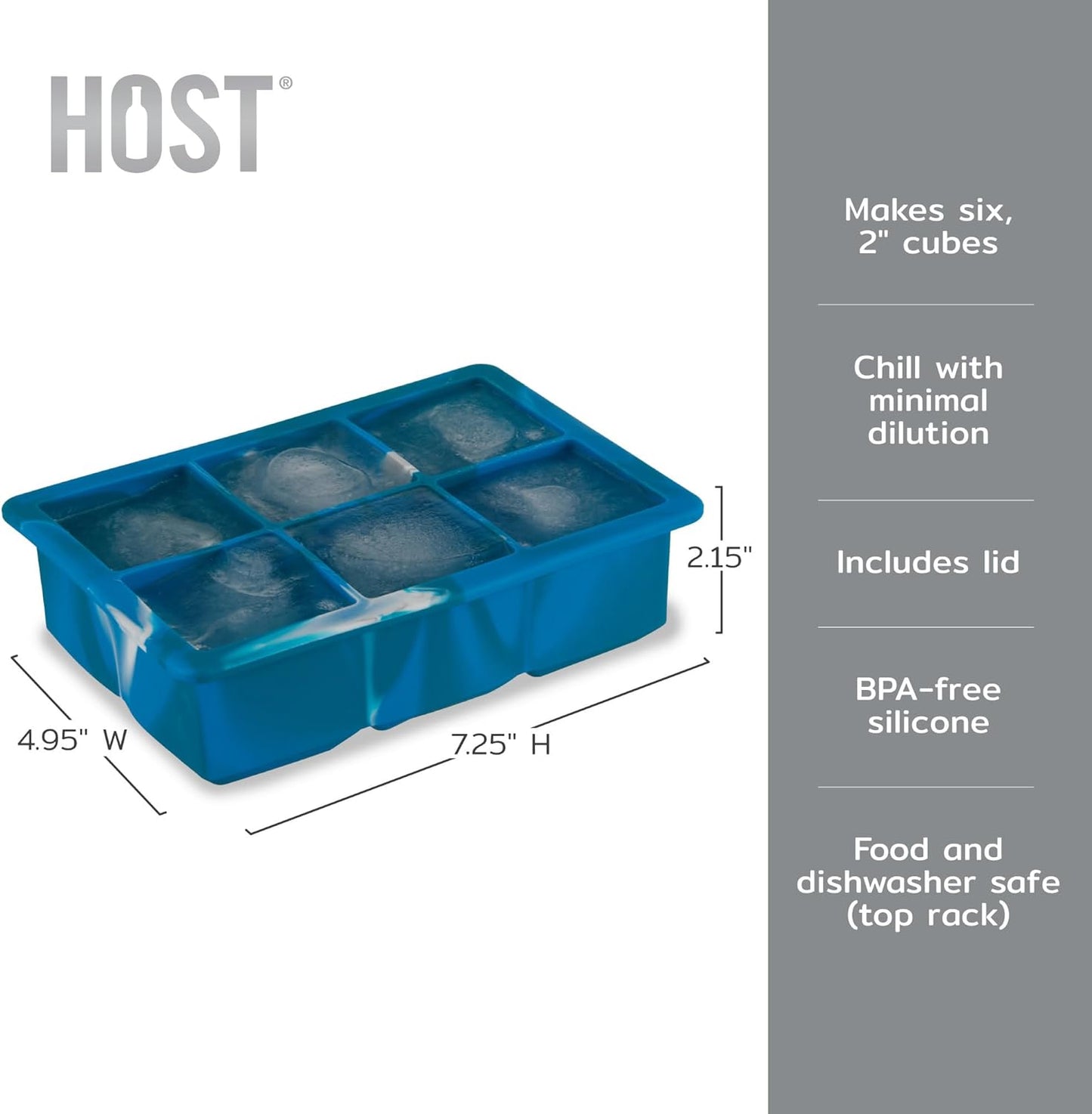 Host Ice Cube Tray, Makes Four 5-Inch Long Cubes, Durable Silicone Trays with Easy Release Design, Perfect for Water Bottles and Highball Glasses, Home Bar Accessories, Set of 1, Marble