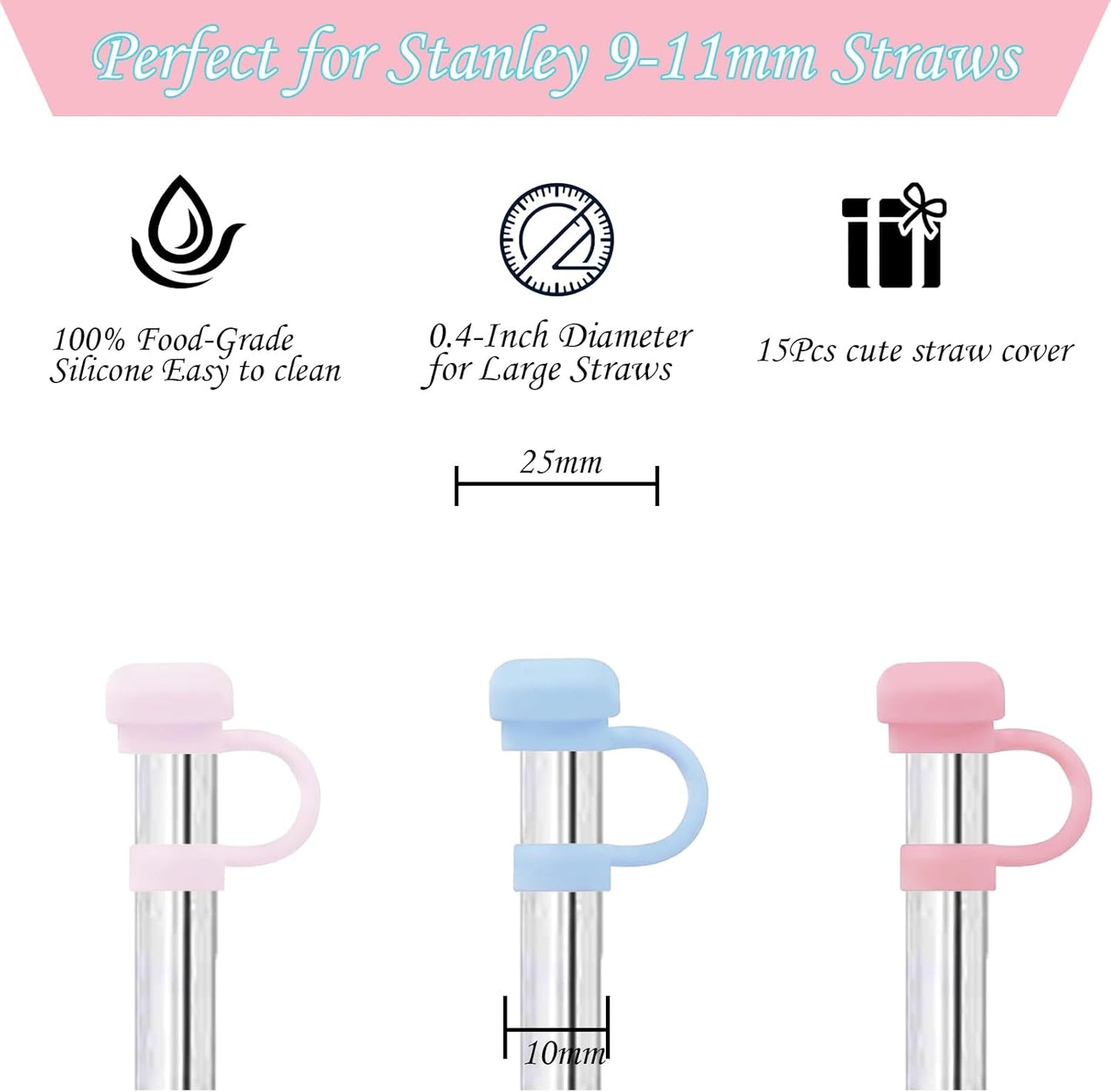 15Pcs Straw Toppers for Stanley Cup, Silicone 10mm Straw Cover Cap for Stanley 30 40oz Tumblers, Reusable Lid Accessories