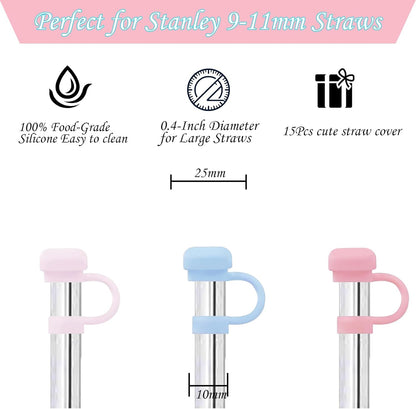 15Pcs Straw Toppers for Stanley Cup, Silicone 10mm Straw Cover Cap for Stanley 30 40oz Tumblers, Reusable Lid Accessories