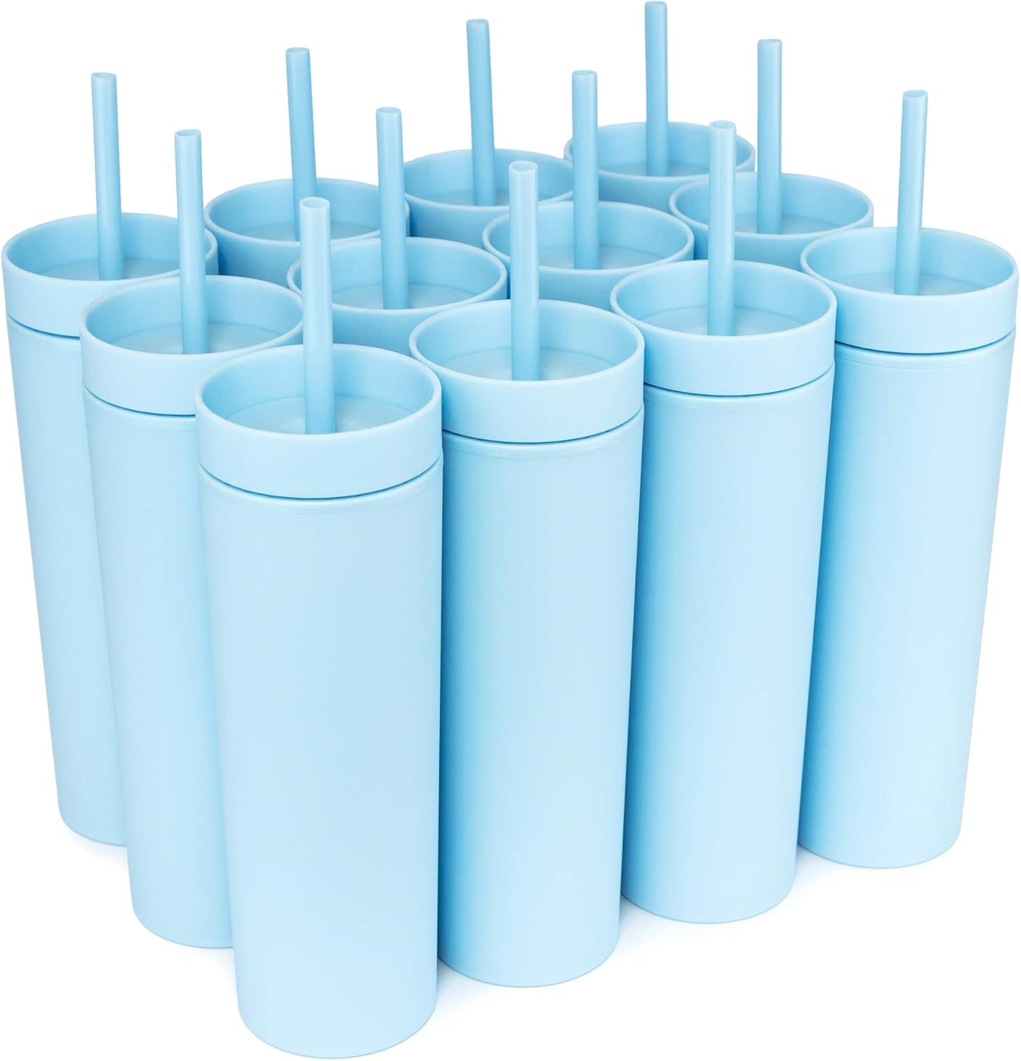 STRATA CUPS Perwinkle Skinny Tumblers with Lids and Straws (4 pack), 16oz Matte Pastel Colored Acrylic Tumblers with Lids and Straws, Double Wall Skinny Tumbler Bulk, Reusable Cup with Straw Cleaner