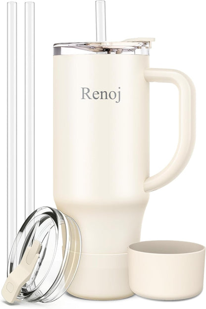 Renoj Insulated Mug 100% Leak Proof Insulated Water Bottle for Iced Coffee & Hot Drinks - Fits Car Cup Holder, Ideal Gift, 2 Straws & Silicone Boot - SnapShift Pink 32 oz