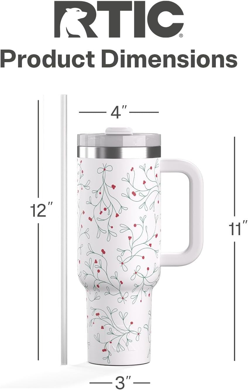 RTIC 30 oz Road Trip Tumbler Double-Walled Ceramic Lined InsulatedStainless Steel Portable Travel Coffee Mug Cup with Lid, Handle and Straw, Periwinkle Bouquet