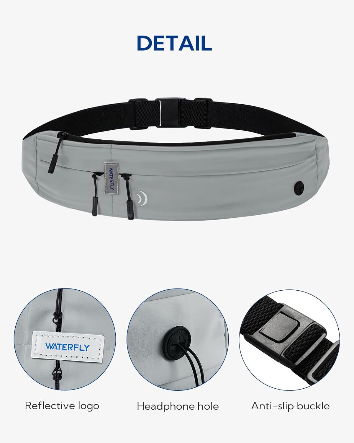 WATERFLY Running Belt Fanny Pack: Runner Marathon Jogging Waist Pack Sport Workout Exercise Fitness Phone Holder Belt for Men Women Jogger Slim Waist Bag Black