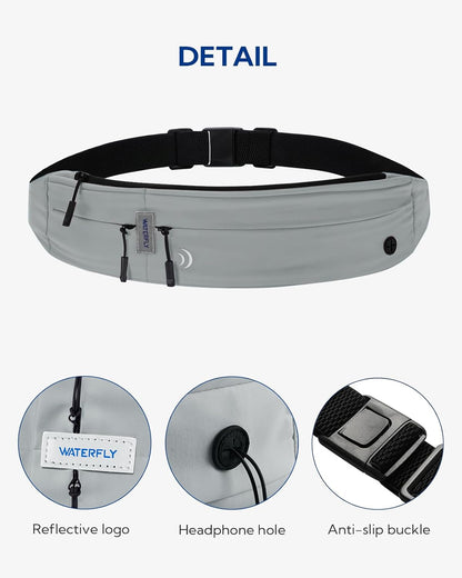 WATERFLY Running Belt Fanny Pack: Runner Marathon Jogging Waist Pack Sport Workout Exercise Fitness Phone Holder Belt for Men Women Jogger Slim Waist Bag Black