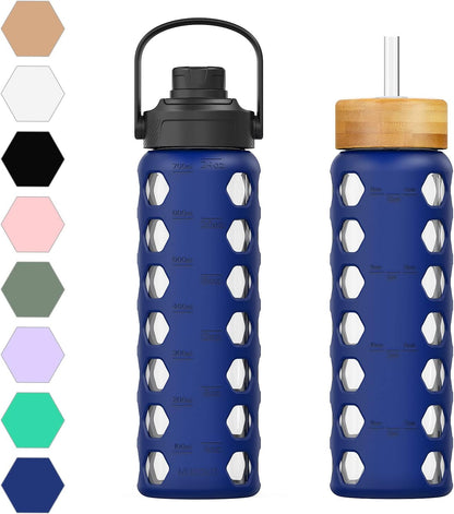 MUKOKO Glass Water Bottles, 32oz Glass Tumbler with Straw, Drinking Bottles with 2 Lids-Handle Spout Lid&Bamboo Straw Lid, Motivational Water Bottle with Time Marker and Silicone Sleeve, 1 Pack-Olive