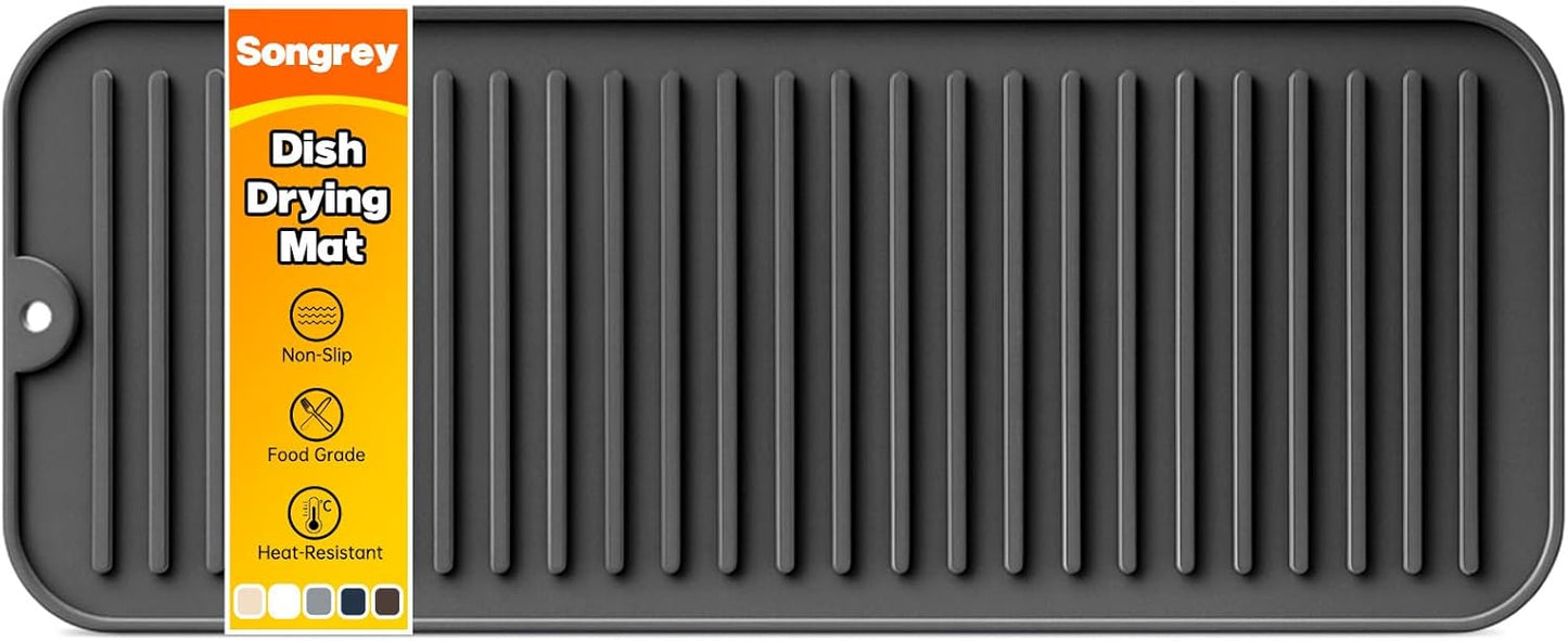 Songrey 12" x 6.5" Silicone Dish Drying Mat, Kitchen Counter Drying Pad for Sink Dishes or Under Rack, Multi-Use as Heat Resistant Trivet, Coffee Bar Mat