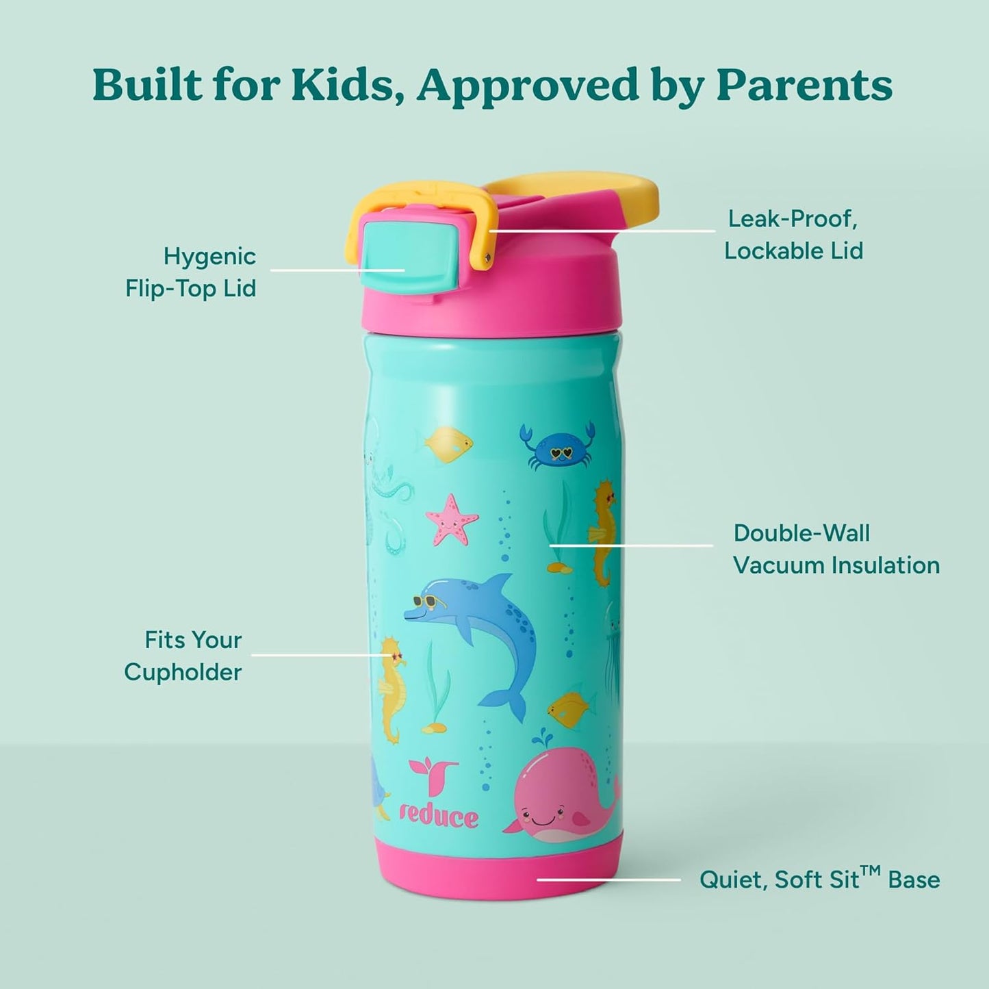 Reduce Hydrate Pro Kids 14oz Stainless Steel Insulated Water Bottle w/Straw – Spill Proof Tumbler for Kids – 30 Hour Cold Retention – Dishwasher Safe Leak-Proof Design - Abstract Flowers