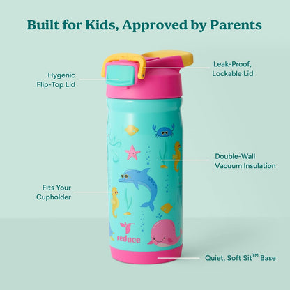 Reduce Hydrate Pro Kids 14oz Stainless Steel Insulated Water Bottle w/Straw – Spill Proof Tumbler for Kids – 30 Hour Cold Retention – Dishwasher Safe Leak-Proof Design - Abstract Flowers