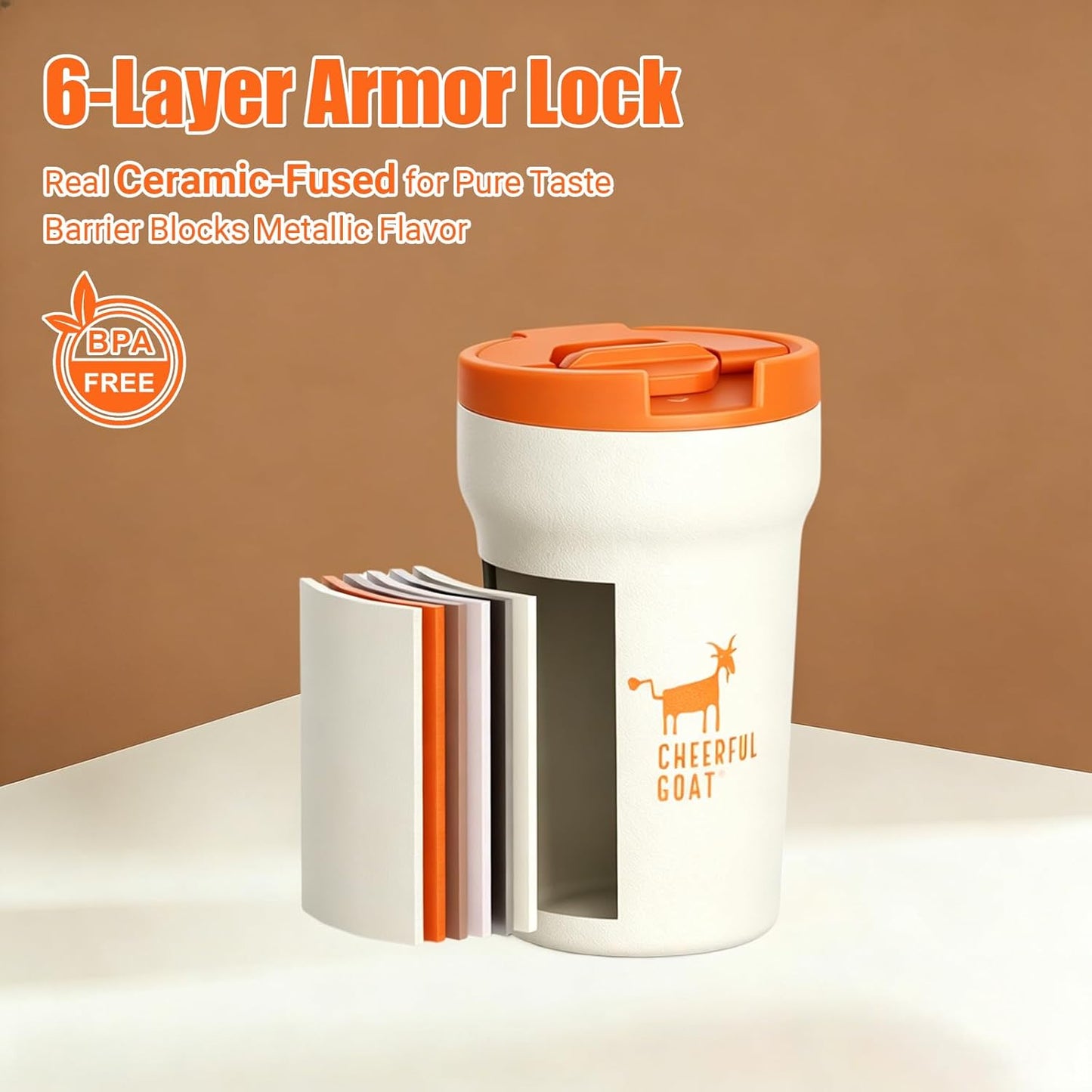 CHEERFUL GOAT Insulated Coffee Mug – Stainless Steel Travel Coffee Tumbler with Ceramic Liner, 12oz Coffee Cup for Hot and Cold Water Coffee at Home, Office, or On the Go (orange)