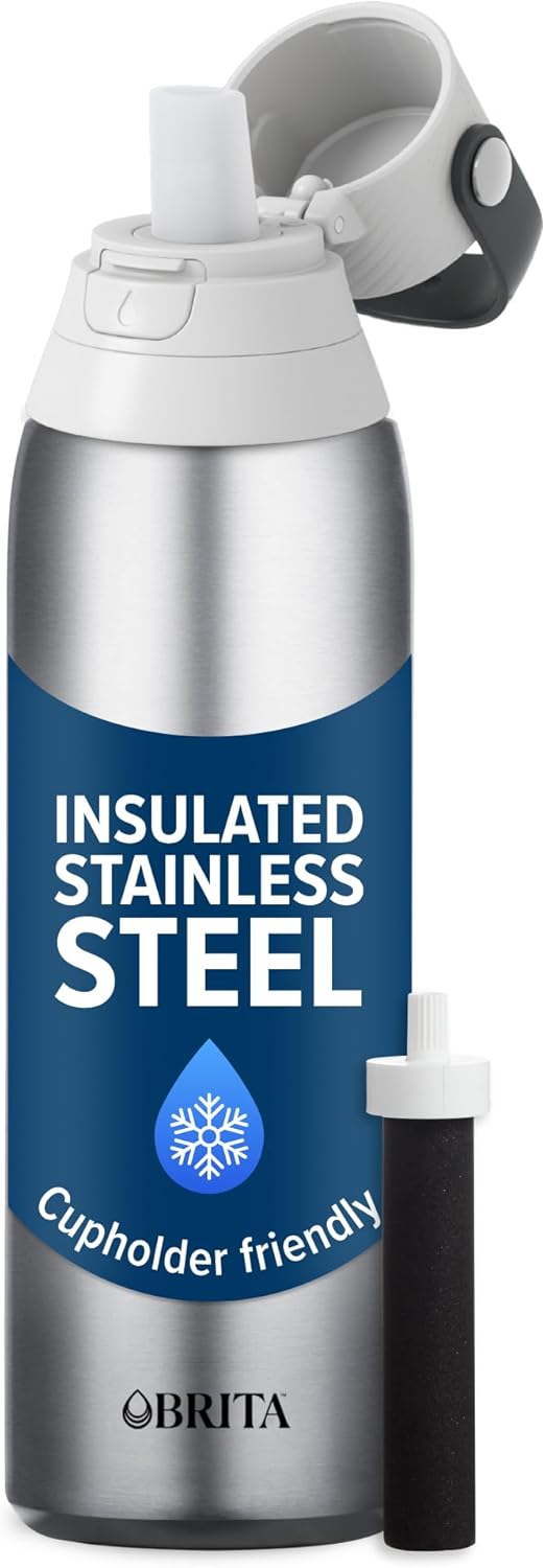 Brita Stainless Steel Premium Filtering Water Bottle, BPA-Free, Reusable, Insulated, Replaces 300 Plastic Water Bottles, Filter Lasts 2 Months or 40 Gallons, Includes 1 Filter, Glacier - 20 oz