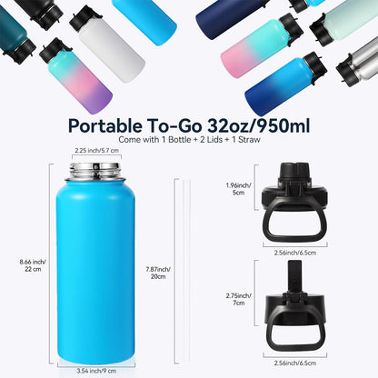 Neihepal 32 oz Insulated Water Bottle with 2 Lids (Straw & Spout Lid), 18/8 Stainless Steel Double Wall Water Bottles for Gym, Travel, Camping, Sports (Silver,1 Pack)
