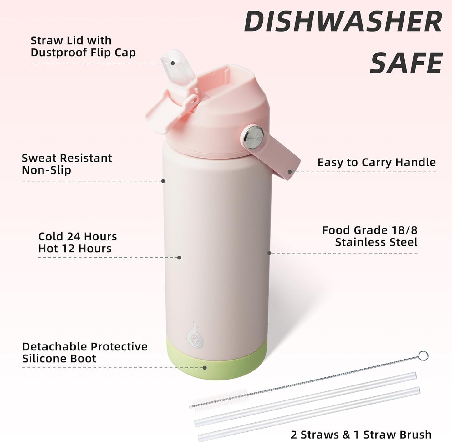 BJPKPK Insulated Water Bottle with Straw Lid, 18oz Thermo Water Bottles with Soft Nozzle, Flex Handle & Non-slip Boot, BPA Free Leak Proof Stainless Steel Metal Thermo, Tumblers, Cups,Sea Salt
