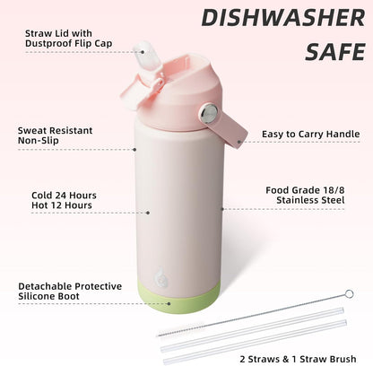 BJPKPK Insulated Water Bottle with Straw Lid, 18oz Thermo Water Bottles with Soft Nozzle, Flex Handle & Non-slip Boot, BPA Free Leak Proof Stainless Steel Metal Thermo, Tumblers, Cups,Sea Salt