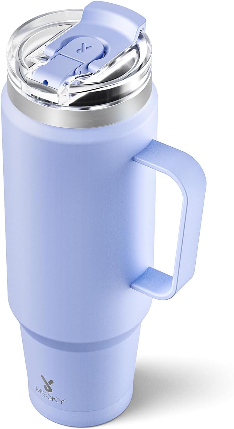 Meoky 32oz Tumbler with Handle, Stainless Steel Travel Mug with 2-in-1 Straw and Sip Lid, Vacuum Insulated Coffee Mug, 100% Leak Proof, Keeps Cold for 24 Hours or Hot for 8 Hours (Sky)