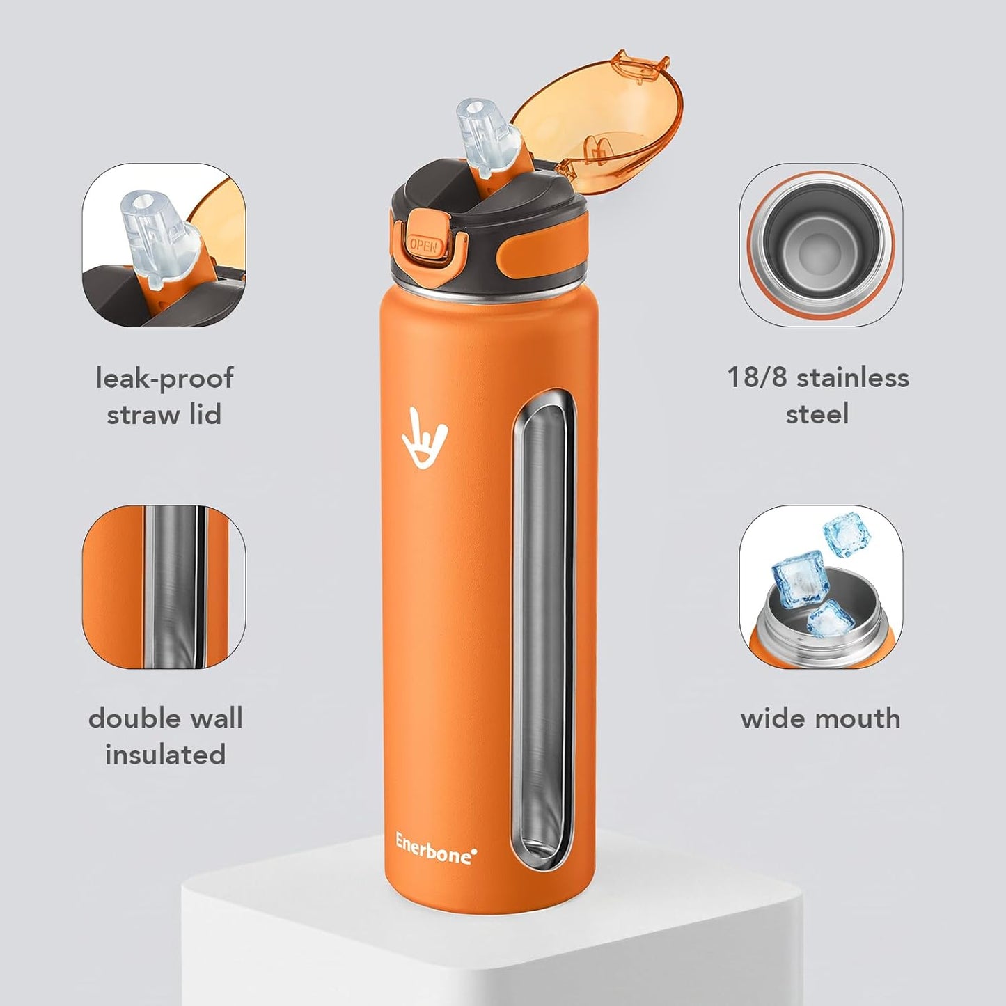 Enerbone 24 oz Insulated Water Bottle, Stainless Steel Bottle with Carrying Strap, Double-Wall Vacuum Insulation Design, Leakproof Sports Bottle with Straw, Keep Drinks Cold or Hot for Hours