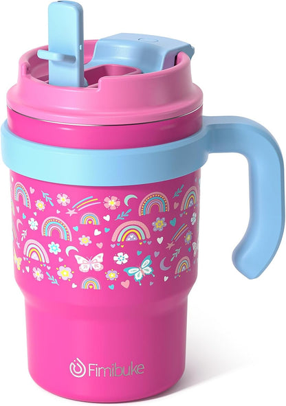 Fimibuke 16oz Kids Insulated Tumbler with Handle & Straws - 2 Pack BPA FREE 18/8 Stainless Steel Toddler Cups with Sip/Swig 2-in-1 Lids, Leak Proof Kid Drinking Cup Travel Mugs for Children Boys Girls